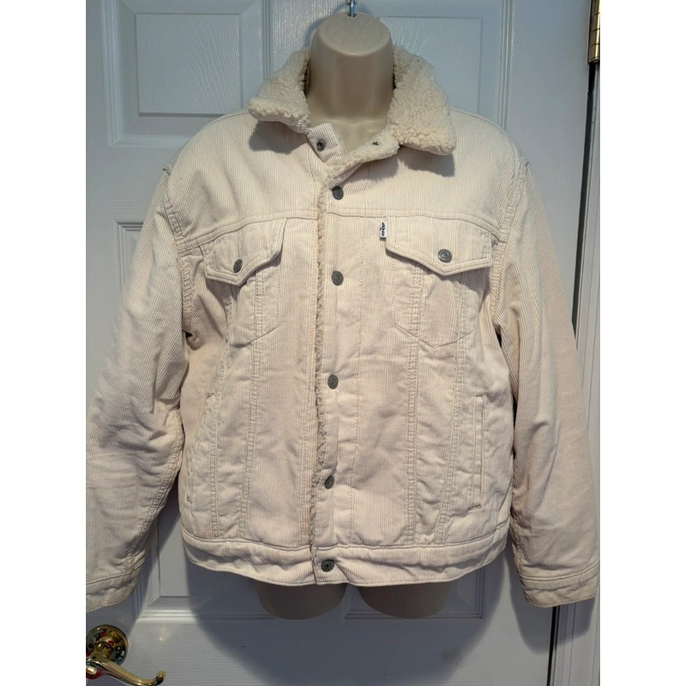 Levi's Sherpa Trucker Jacket Corduroy Cream Ivory Size L Fleece Lined Coat